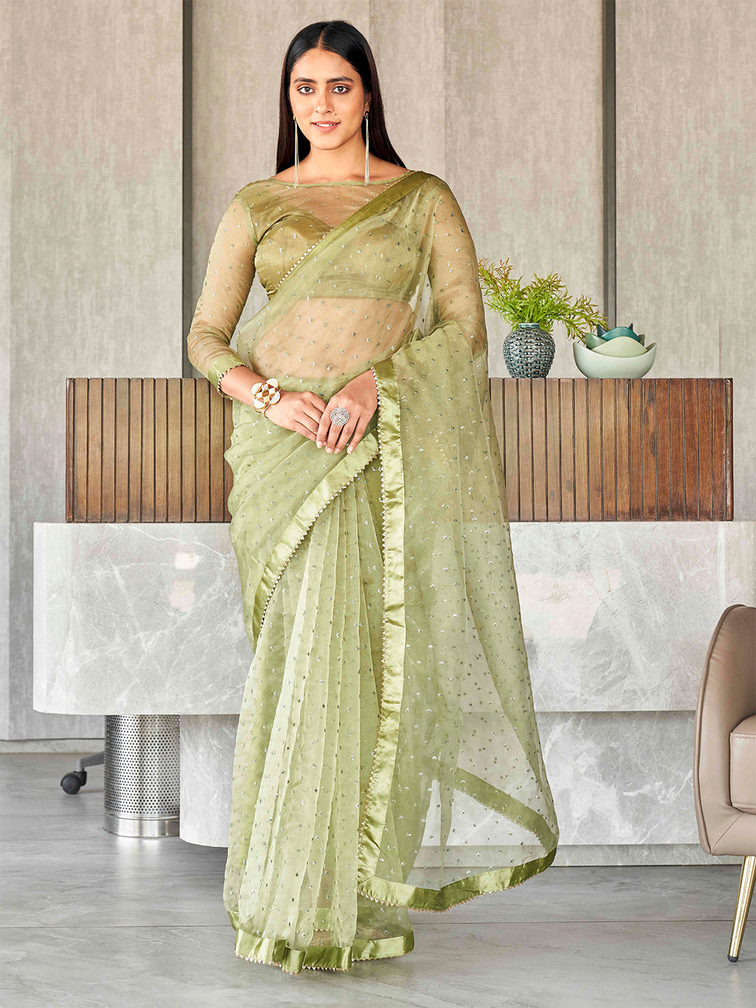Tikhi Imli Sequinned Organza Saree - Distacart