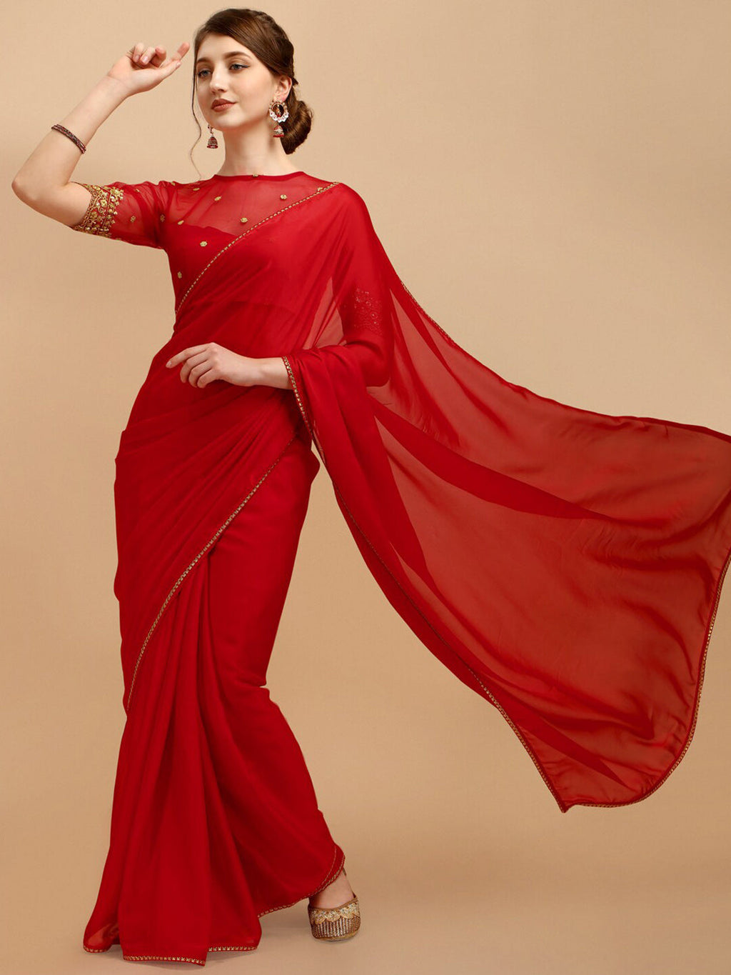Sangria Red Silk Blend Embroidered Saree
