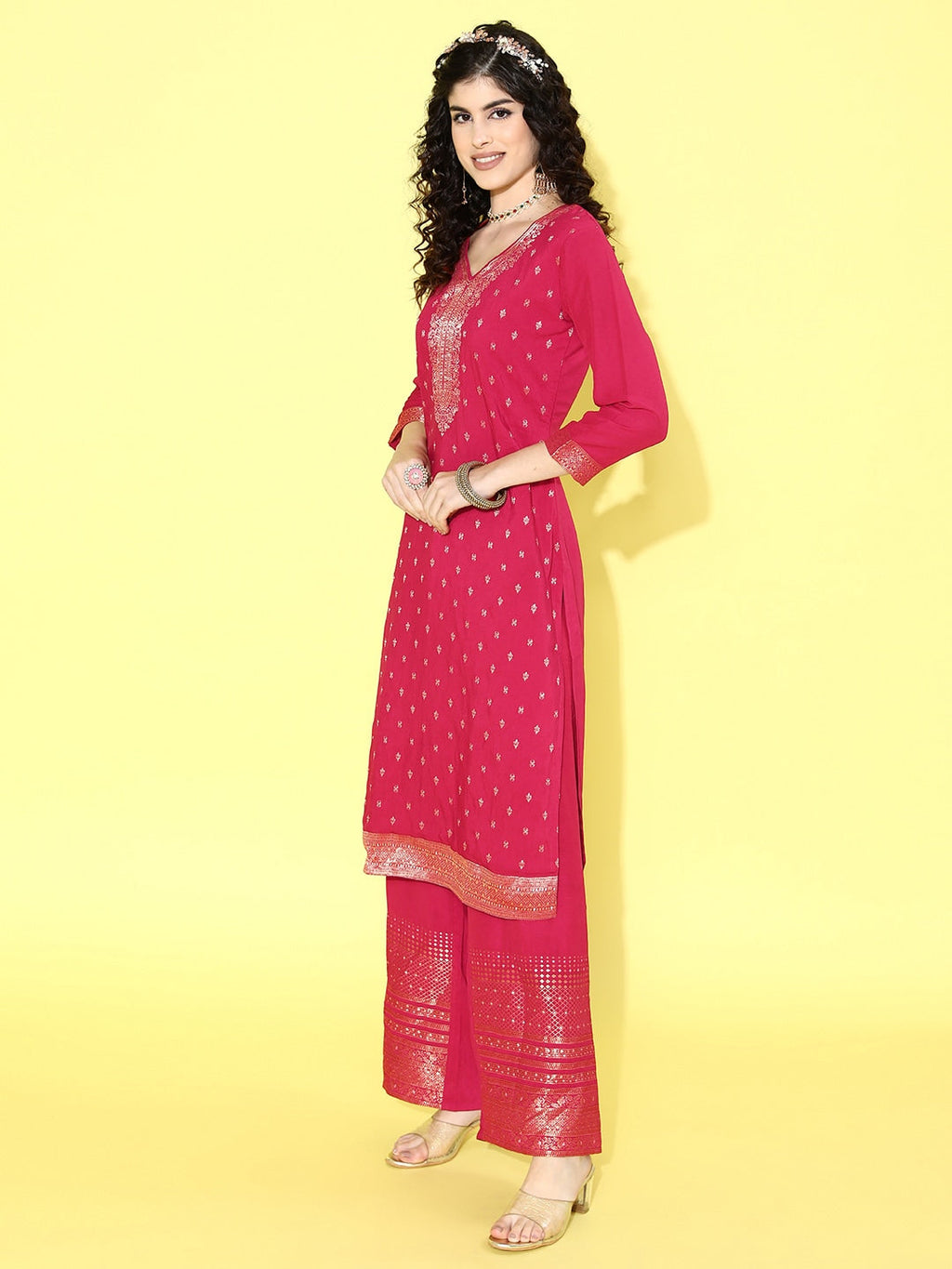 Sangria Floral Yoke Design Jacquard Kurta with Palazzos & With Dupatta