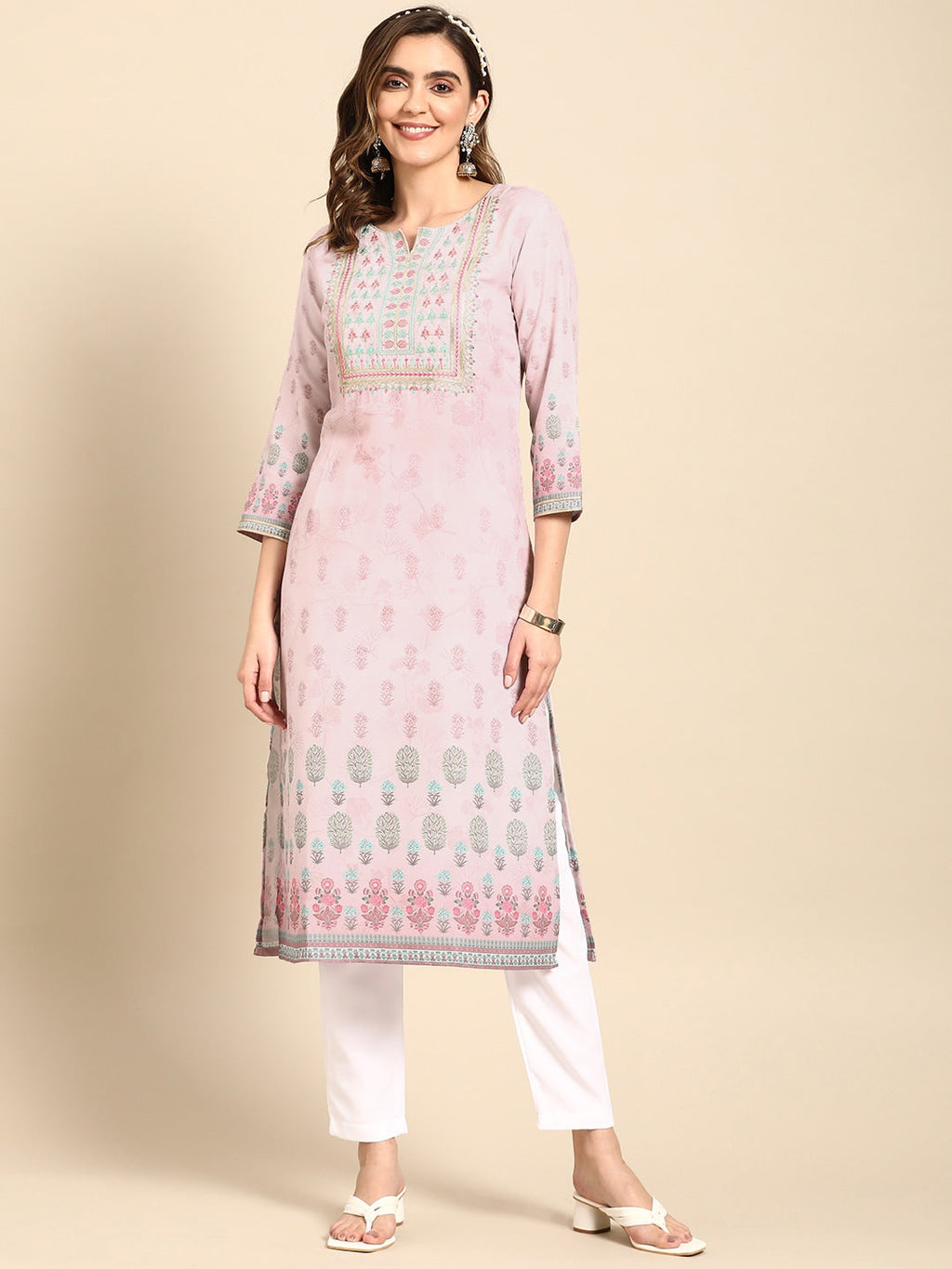 Sangria Women Pink Floral Embroidered Kurta