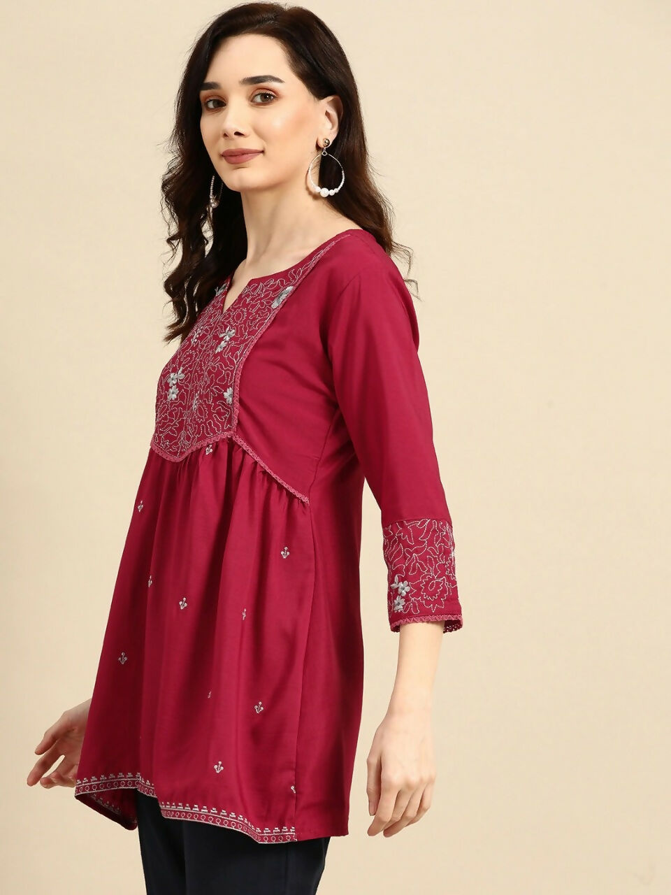 Women's Maroon Viscose blend Embroidered Short Top - Marina