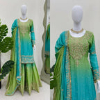 The52 Women's Beautiful Chinon silk Fabric Embroidery Work Straight Kurta Palazzo and Dupatta Set - Distacart