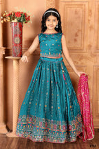 Kids Functional Designer Firozi Chinon Fab Lehenga choli - Aaradhna