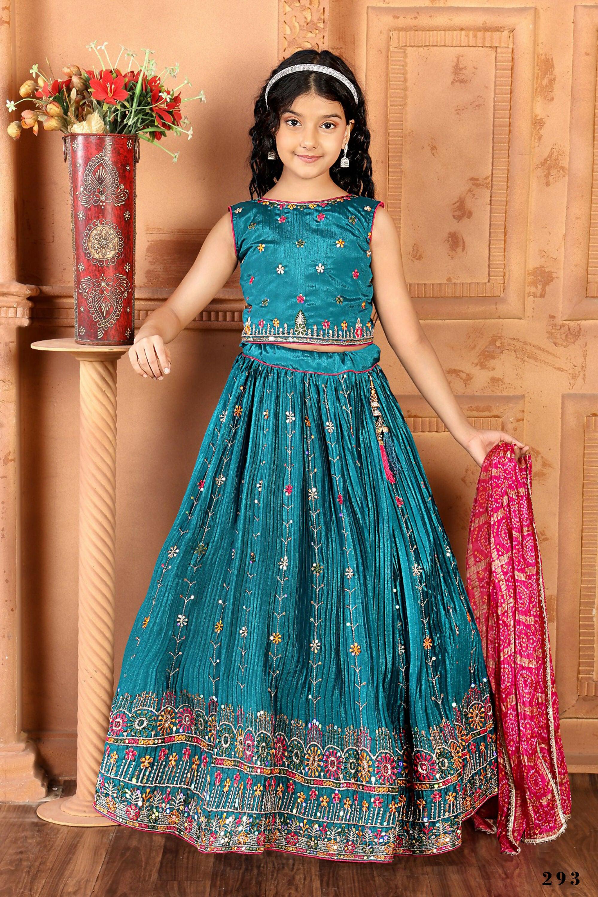 Kids Functional Designer Firozi Chinon Fab Lehenga choli - Aaradhna