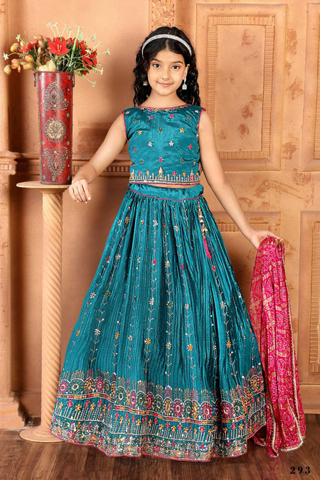 Kids Functional Designer Firozi Chinon Fab Lehenga choli - Aaradhna
