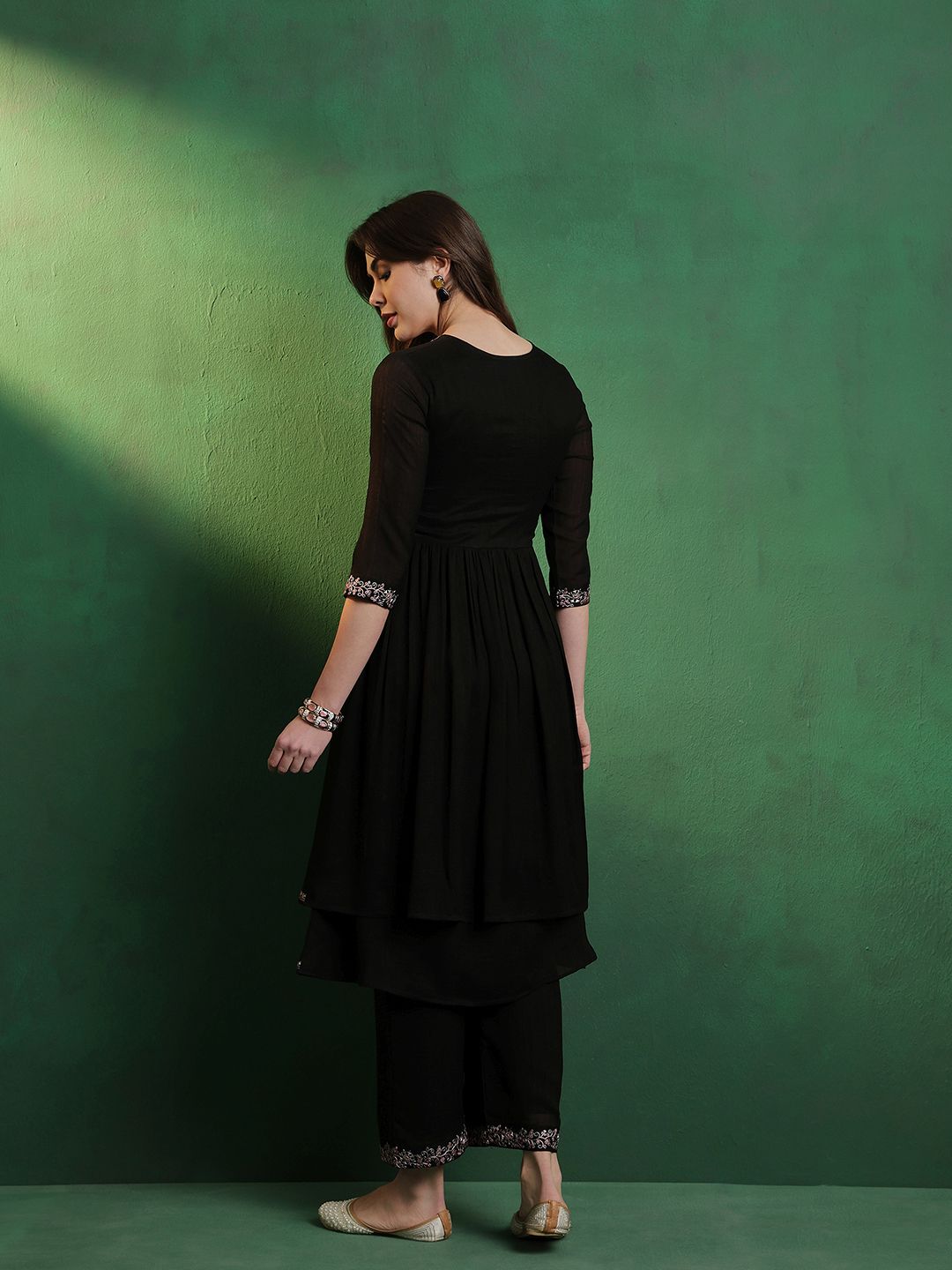 Sangria Embroidered A-Line Silk Kurta With Palazzo Set