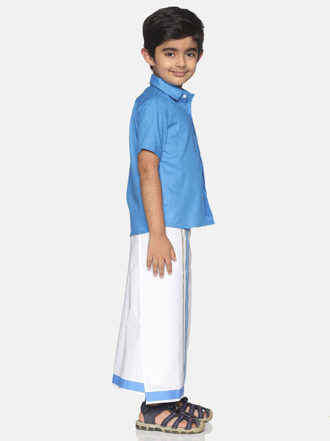 Sethukrishna Boys Blue & White Solid Shirt and Veshti Set