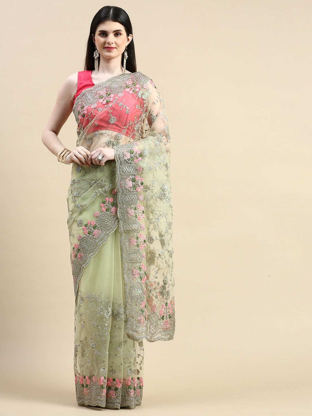kasee Floral Embroidered Zari Net Saree - Distacart