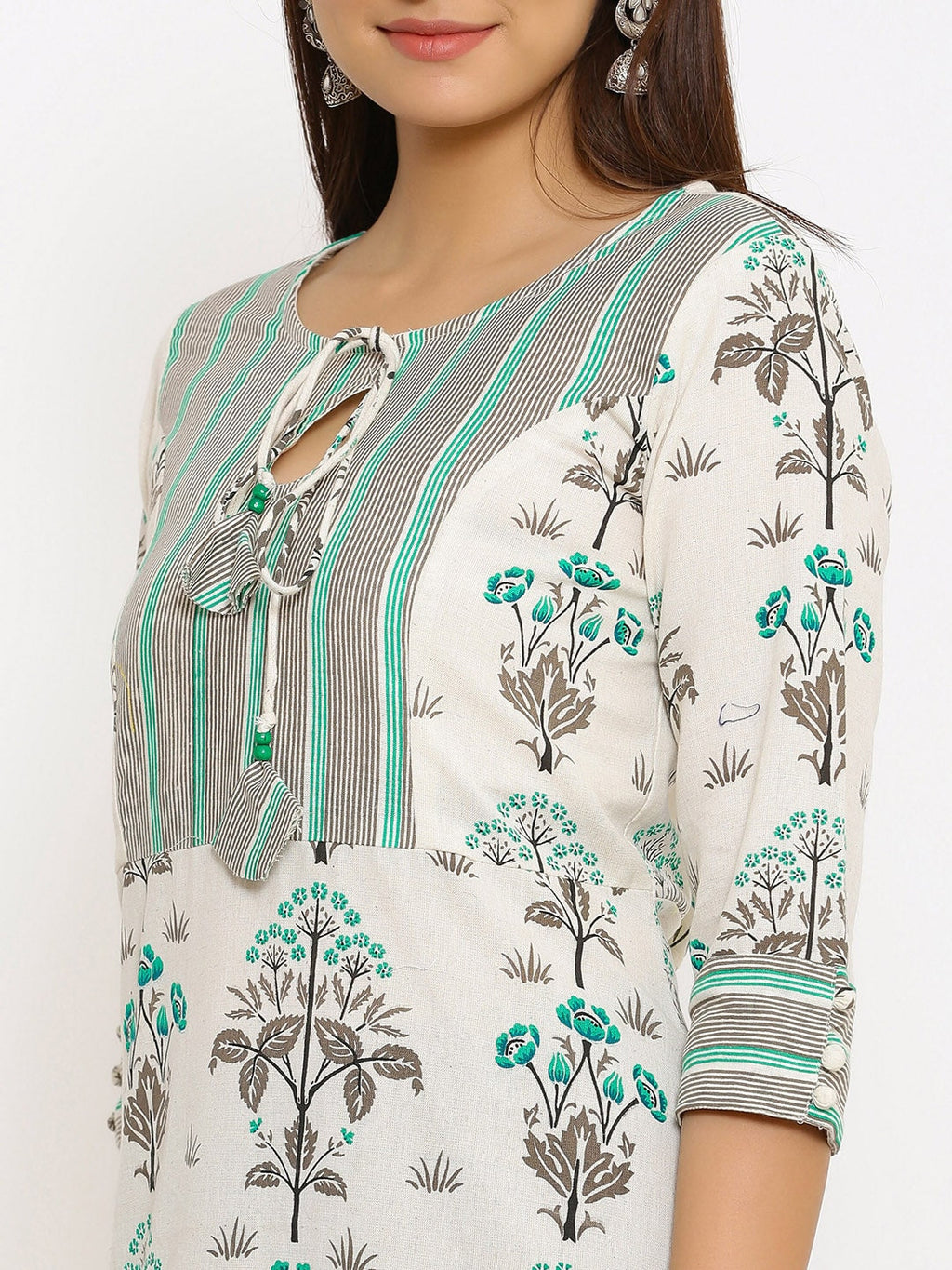 HERE&NOW Off-White & Grey Floral Printed Cotton Flax A-Line Kurta