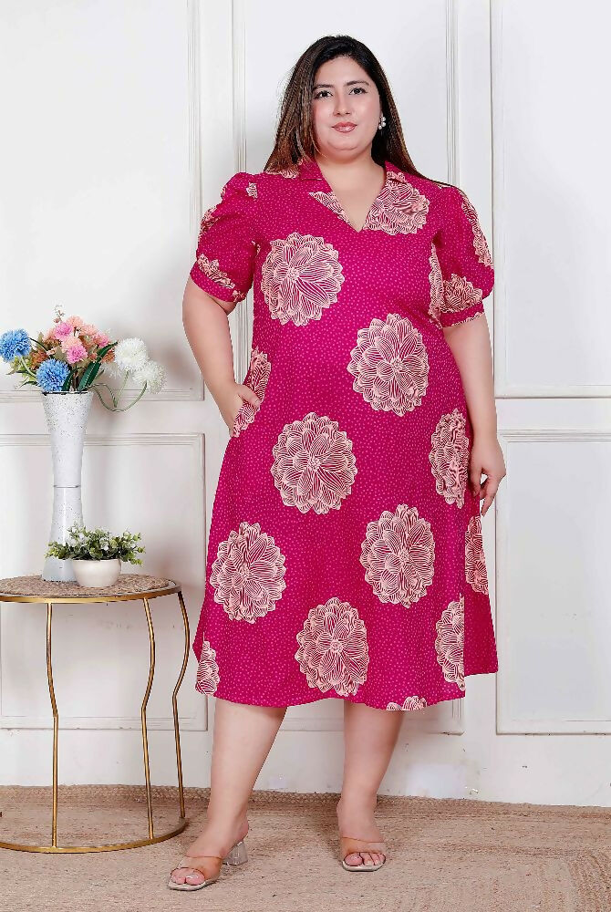 Miravan Plus Size Womens Pink Printed Collar Neck Short Puff Sleeves Cotton A-Line Maxi Dress - Distacart
