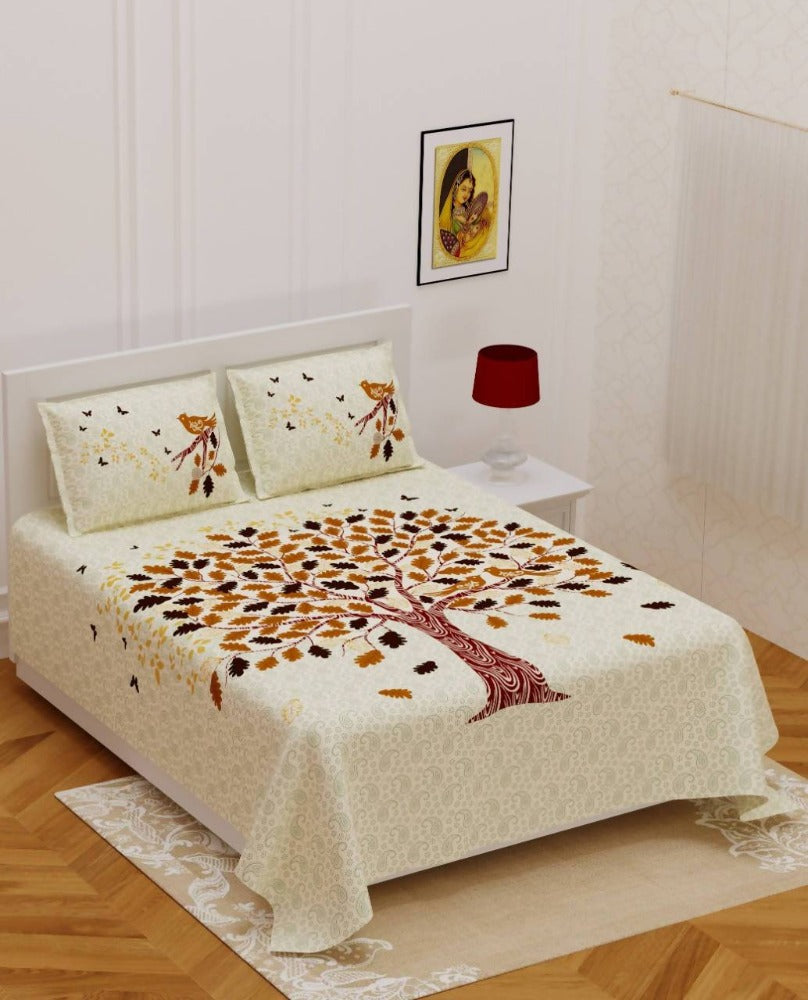 Vamika Printed Beautiful Cotton Cream Bedsheet With Pillow Covers (PM Tree Cream)