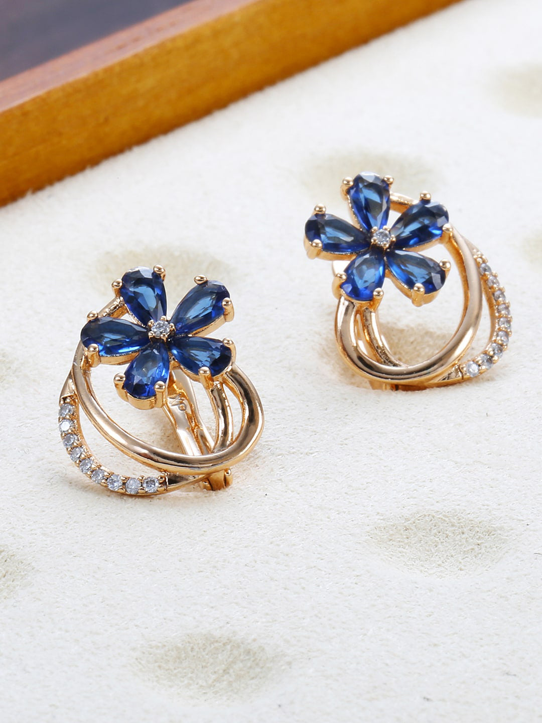 Shining Diva Rose Gold-Plated Blue Floral Studs Earrings - Distacart