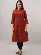HERE&NOW Maroon Mandarin Collar Floral Straight A-Line Kurta