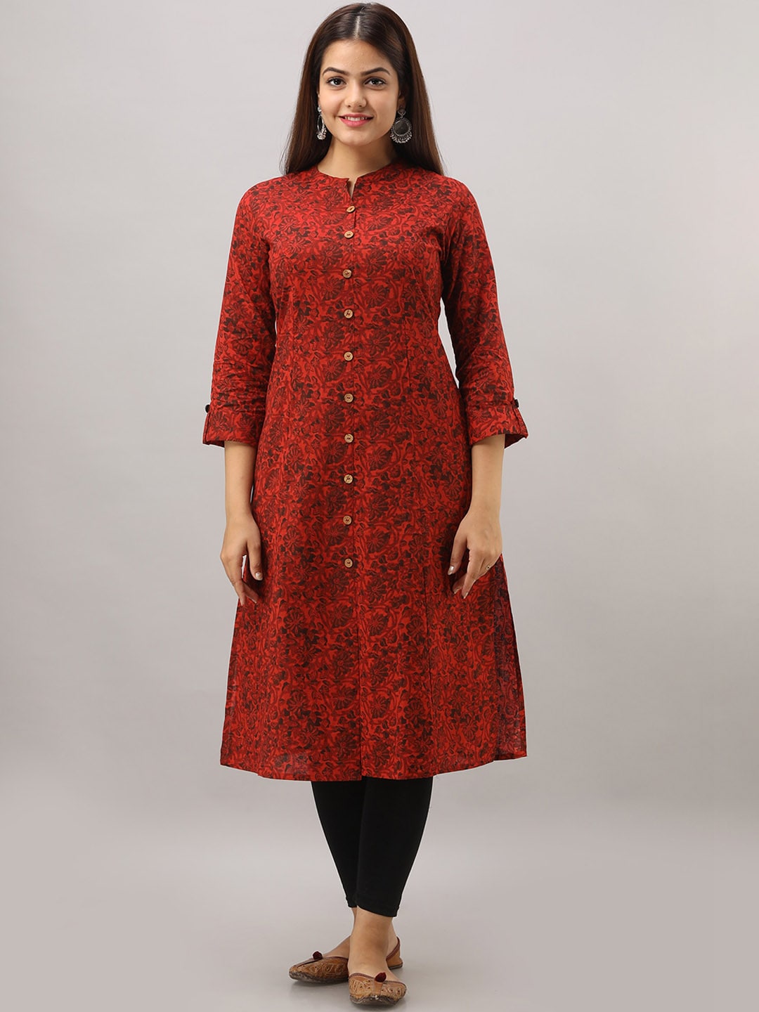 HERE&NOW Maroon Mandarin Collar Floral Straight A-Line Kurta