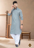 Joban Fashion Men's Grey Heavy Cotton Plain Kurta Pyjama set