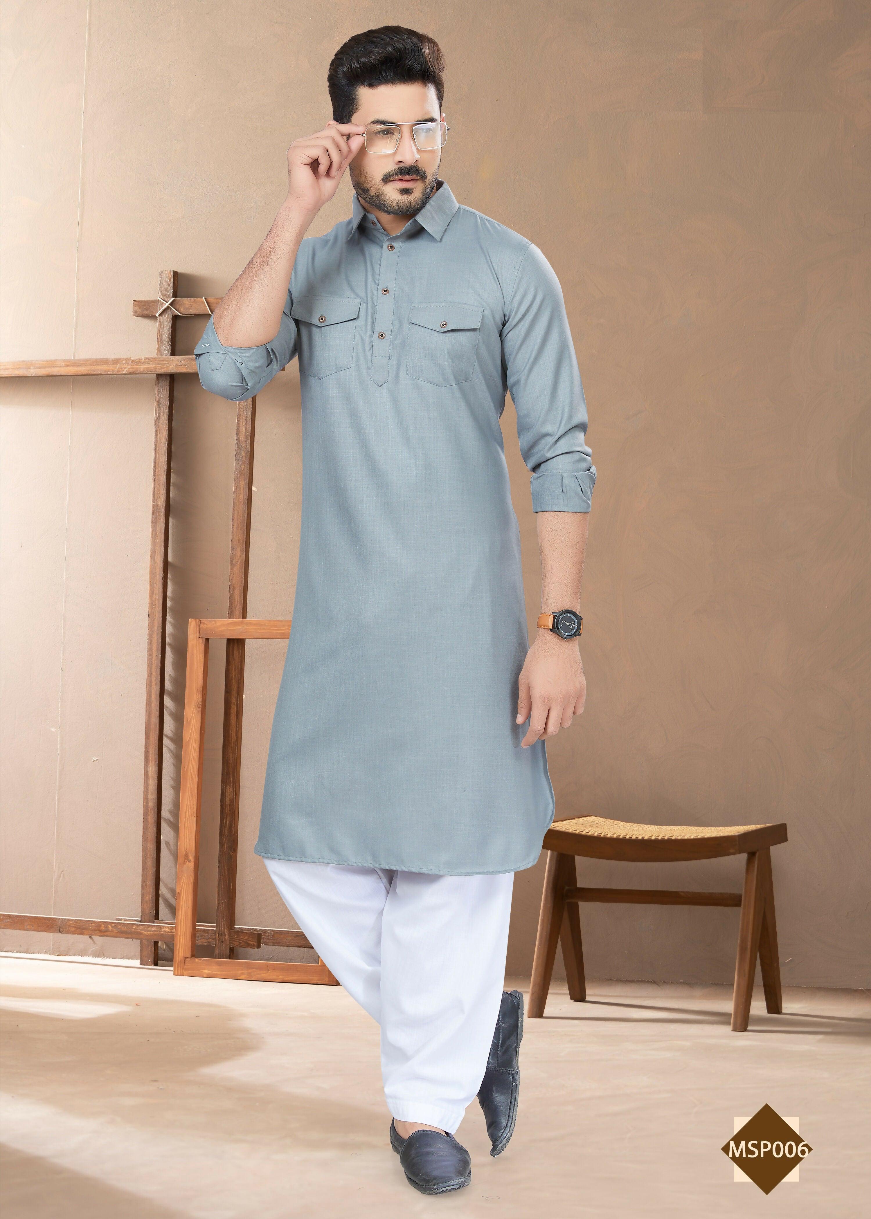 Joban Fashion Men's Grey Heavy Cotton Plain Kurta Pyjama set