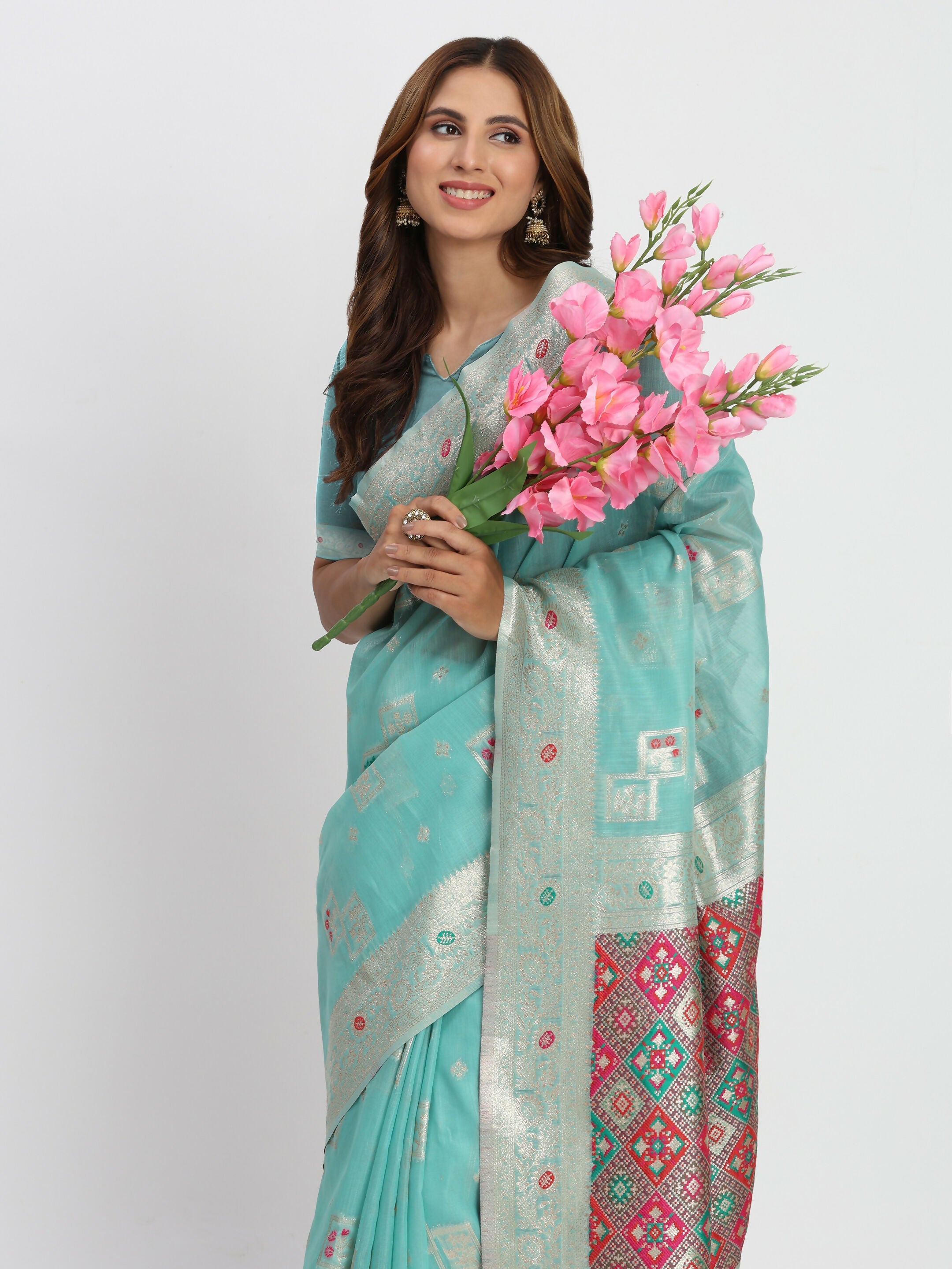 Shree Shyam Fashion Linen Cotton Sea Green Saree - Distacart