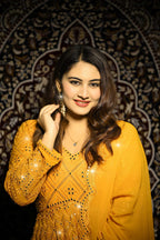 Yash Enterprise Beautiful Yellow Faux Embroidered Wedding Wear Gown With Dupatta - Distacart