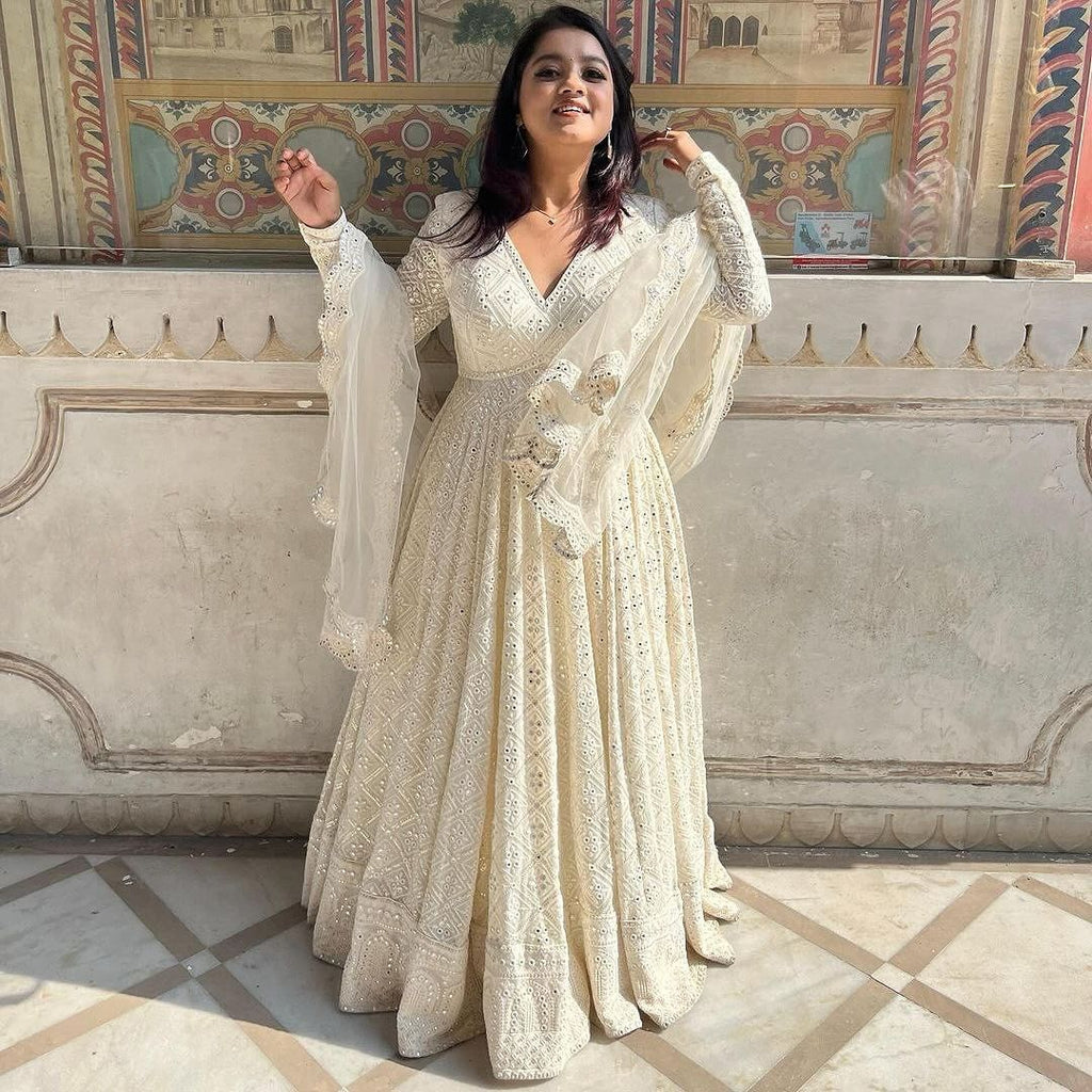 Yash Enterprise Off White Luckhnowi Sequins Work Party Wear Suit Set - Distacart