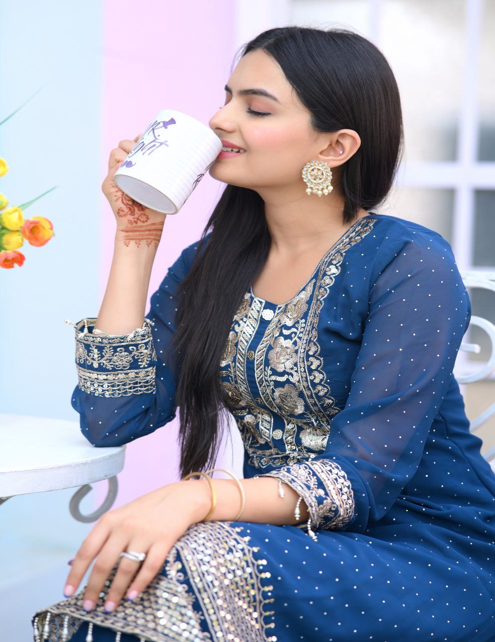 Yash Enterprise Alluring Fox Georgette Blue Embroidery Work Readymade Salwar Suit - Distacart