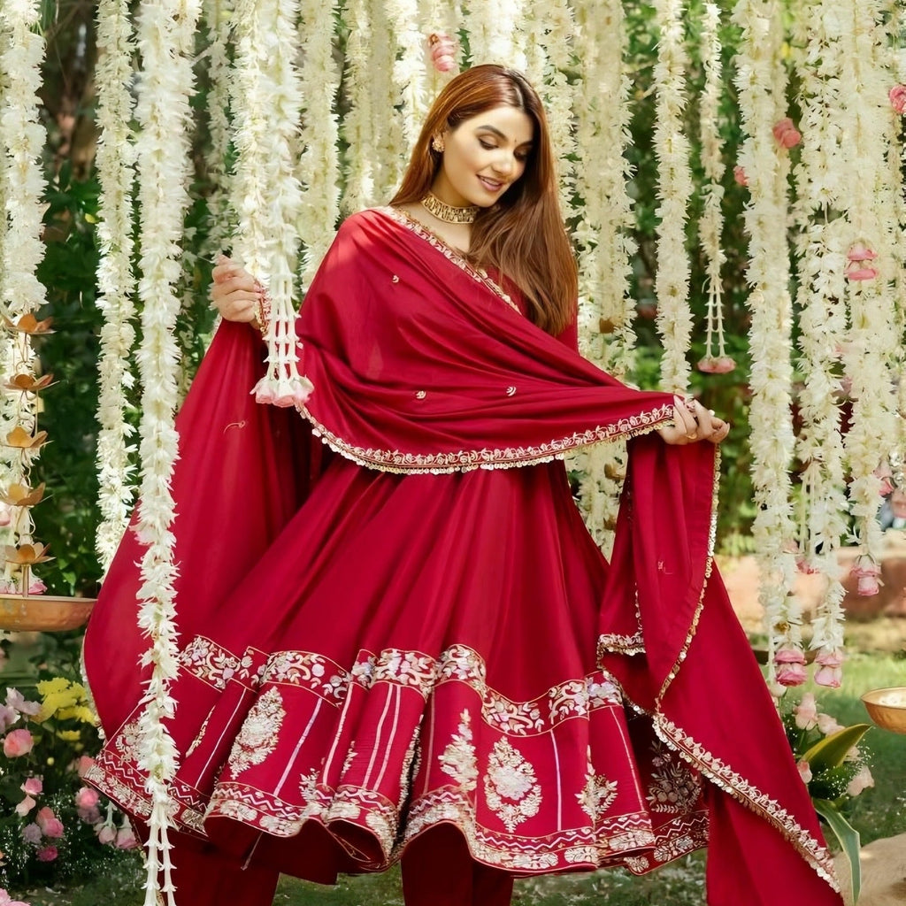 Yash Enterprise Red Roman Silk Embroidery Suit Set - Distacart