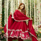 Yash Enterprise Red Roman Silk Embroidery Suit Set - Distacart