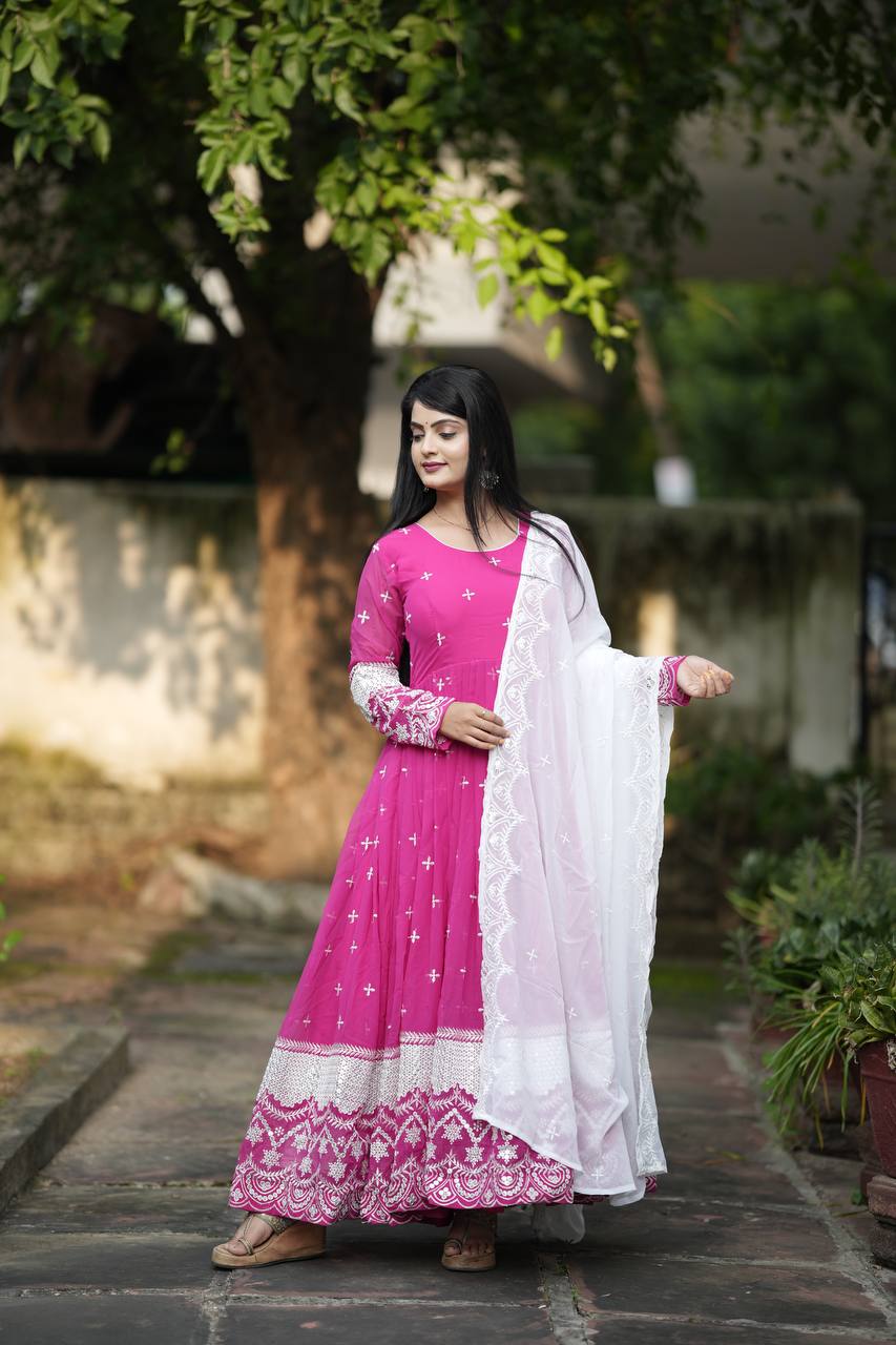 Yash Enterprise Pink Faux Georgette Embroidery Work Party Wear Suit Set - Distacart