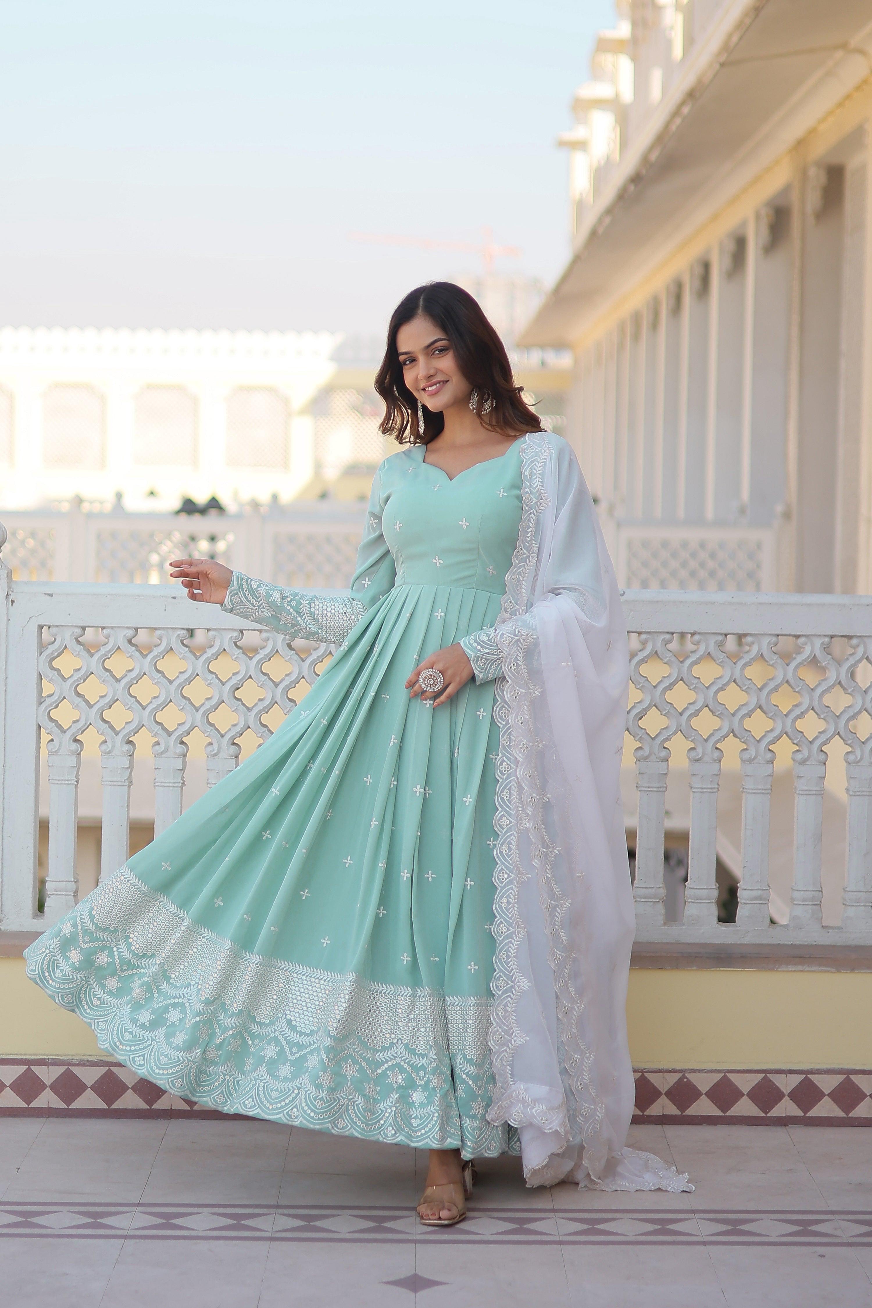 Yash Enterprise Green Pista Faux Georgette Party Wear Embroidery Suit Set - Distacart