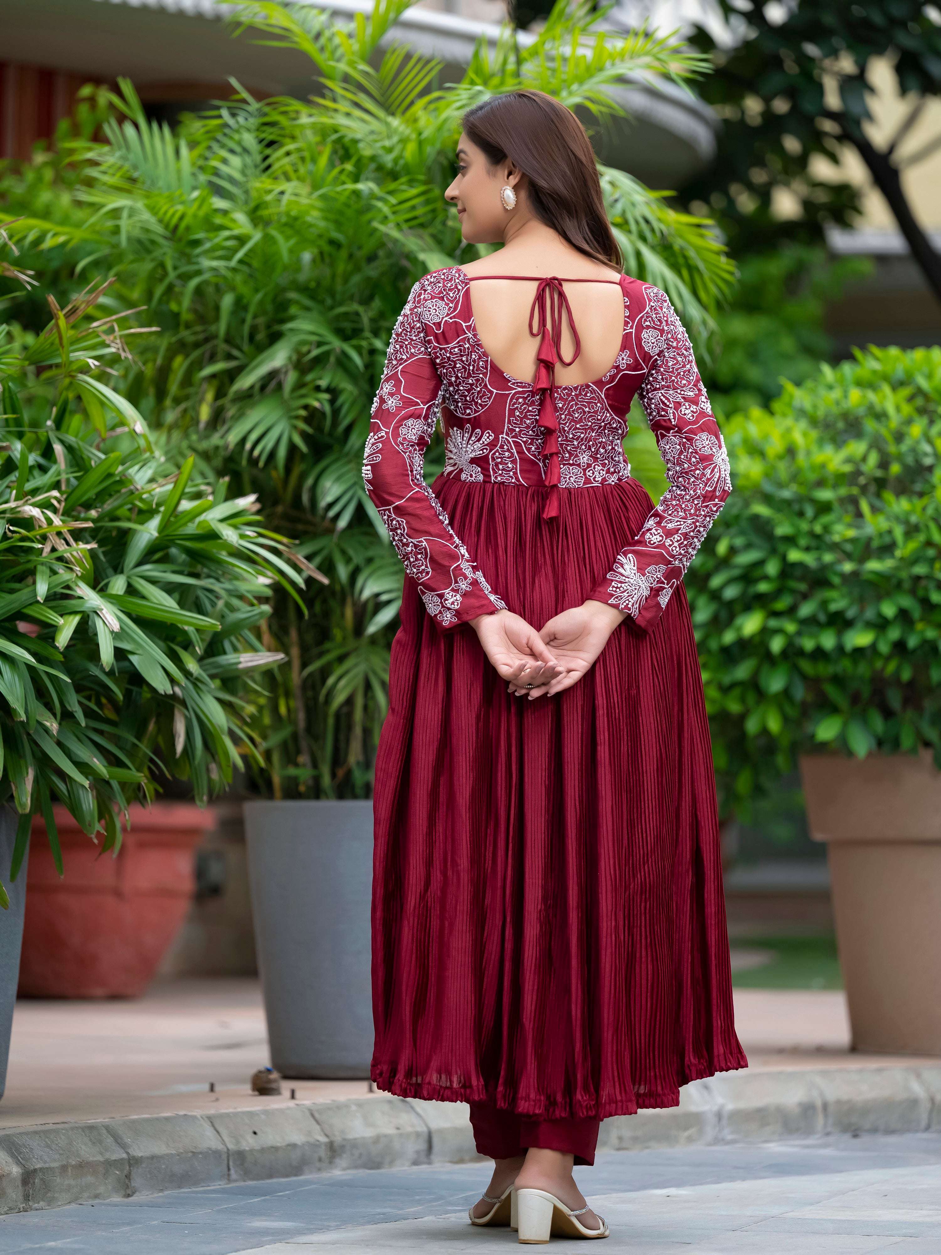 Yash Enterprise Maroon Chinon Silk Party Wear Embroidery Suit Set - Distacart