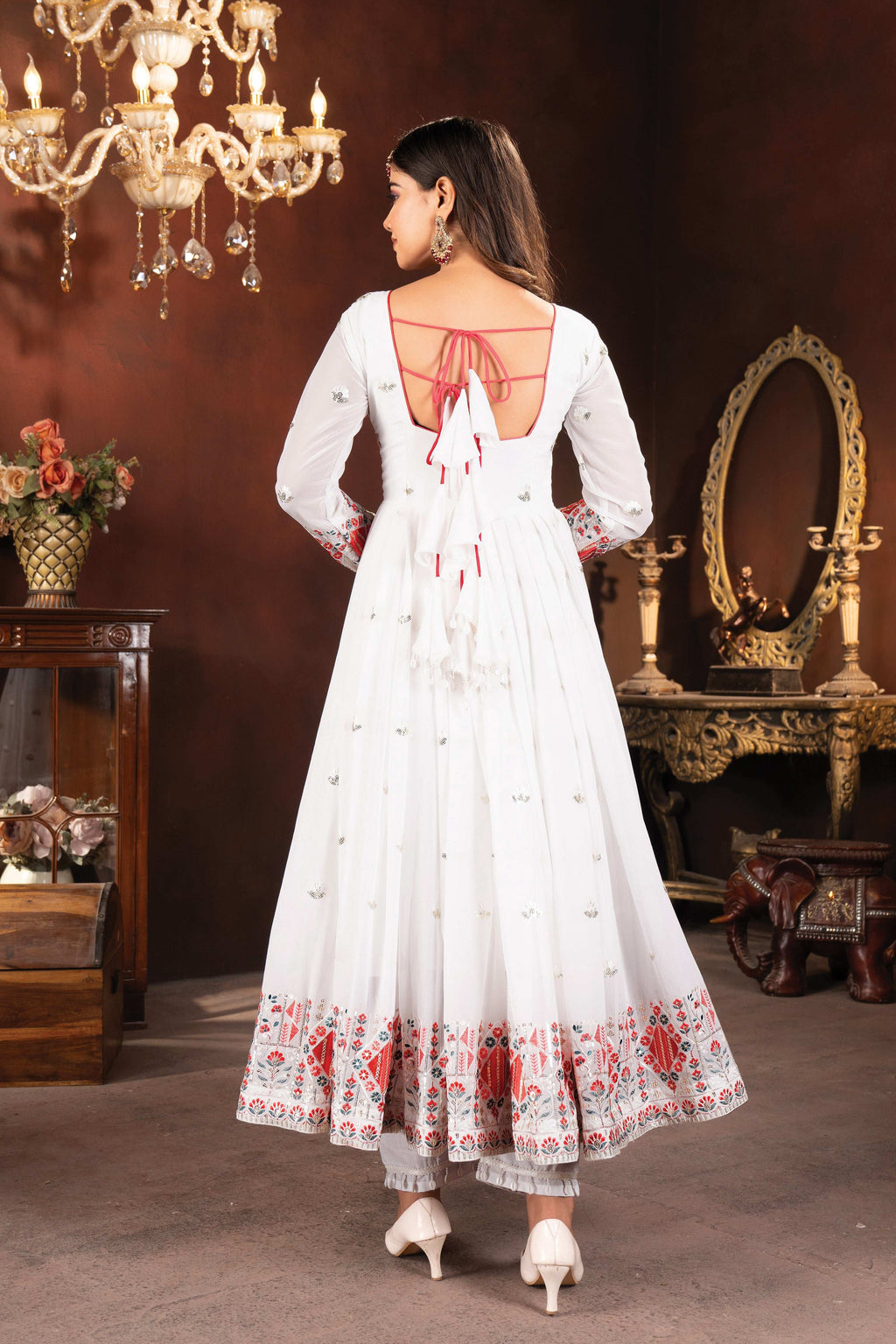Yash Enterprise White Faux Blooming Embroidery Party Wear Suit Set - Distacart