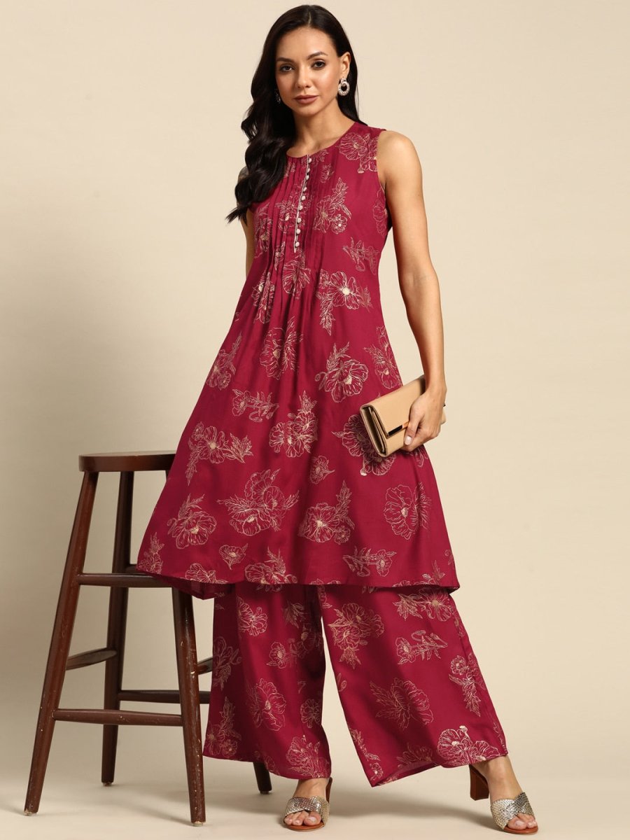 All About You Floral Print Pleated Kurta with Palazzos