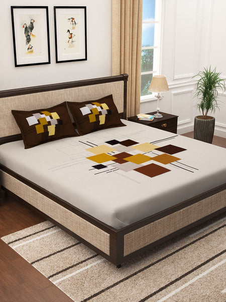 Story@home Cream-Coloured & Brown Abstract 300 TC Cotton 1 King Bedsheet with 2 Pillow Covers