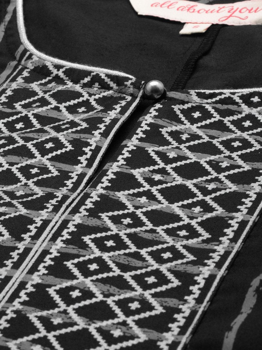 All About You Women Black & Grey Striped Keyhole Neck Kurta with Palazzos & Dupatta