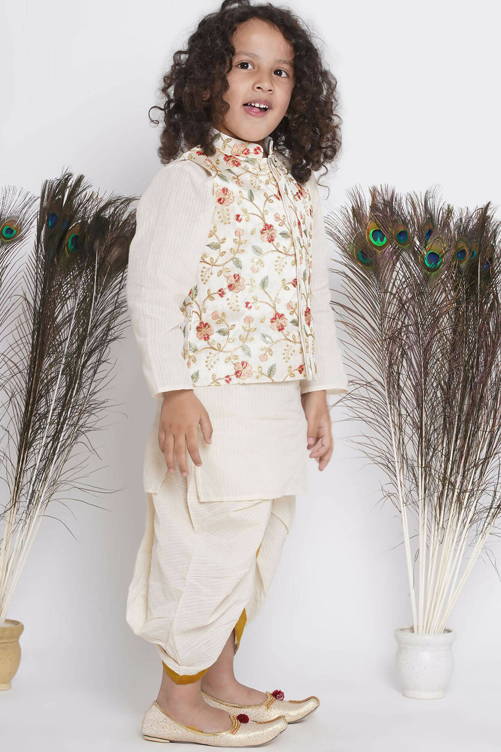 Little Bansi Banarsi Floral Embroidery Jacket Wth Cotton Kantha kurta And Kantha Dhoti - Cream