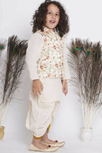Little Bansi Banarsi Floral Embroidery Jacket Wth Cotton Kantha kurta And Kantha Dhoti - Cream