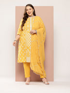 Sztori Plus-Size Gotta Patti Ethnic Motif Print Pure Cotton Kurta with Trousers & Dupatta