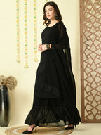 Myshka Women's Black Georgette Kurta & Skirt With Dupatta Party Sets