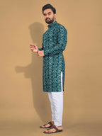 Anaita Teal Printed Cotton Straight Kurta