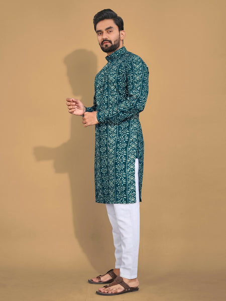 Anaita Teal Printed Cotton Straight Kurta