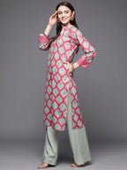 Ahalyaa Women Pink & Sea Green Floral Printed Gotta Patti Velvet Kurta - Distacart