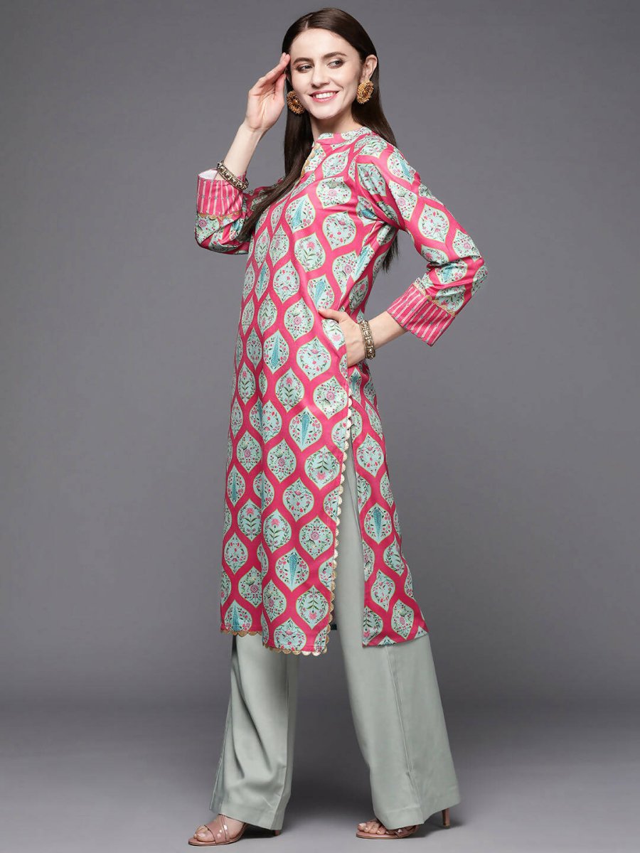 Ahalyaa Women Pink & Sea Green Floral Printed Gotta Patti Velvet Kurta - Distacart