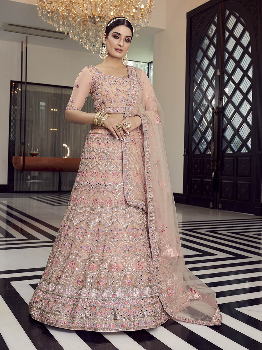 Myra Peach Organza Floral Print Embroidered Designer Lehenga