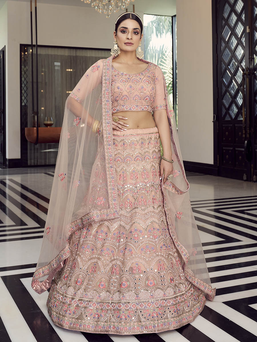 Myra Peach Organza Floral Print Embroidered Designer Lehenga