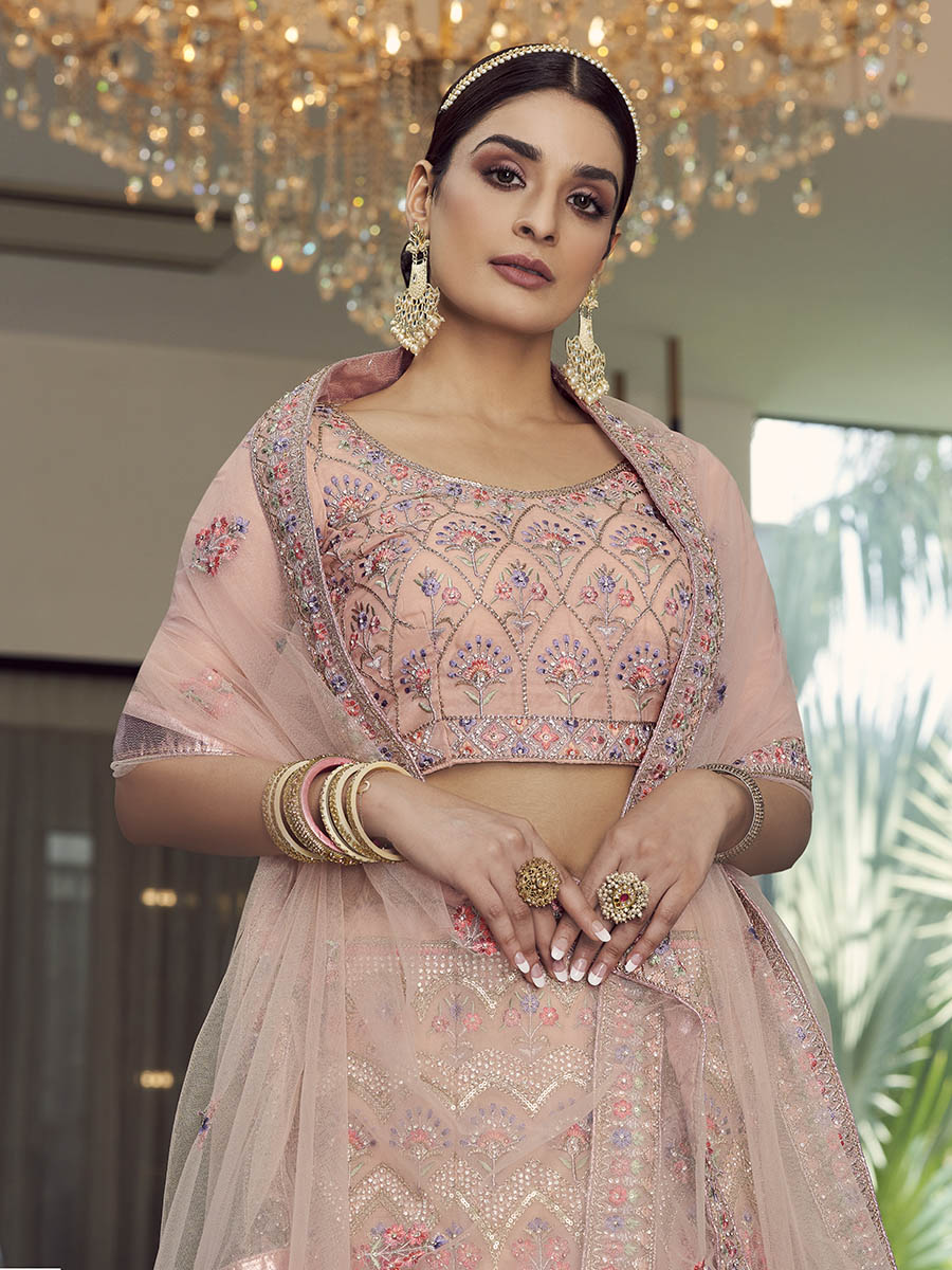 Myra Peach Organza Floral Print Embroidered Designer Lehenga