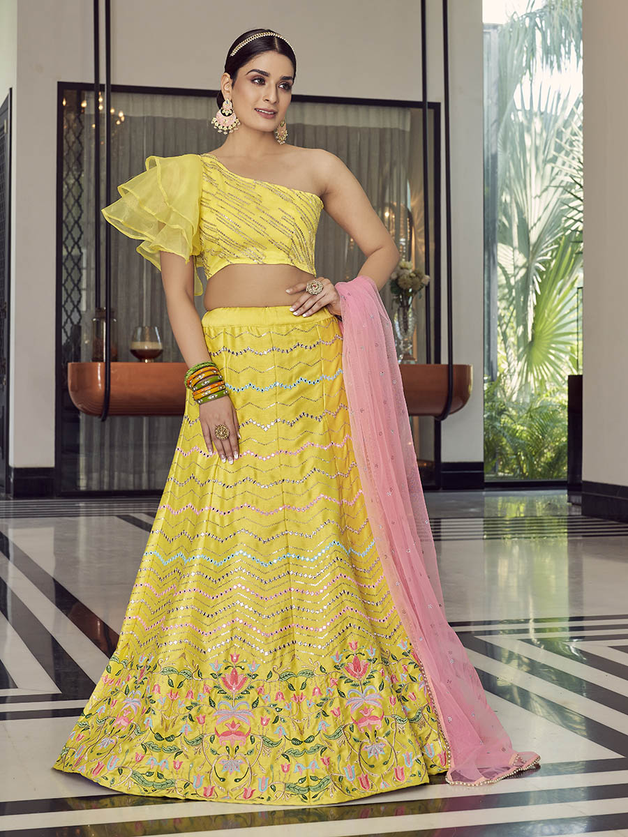 Myra Yellow Art Silk Mirror Work Designer Lehenga
