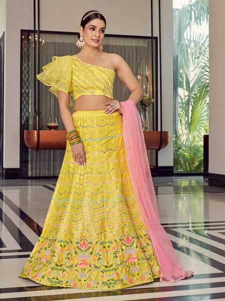 Myra Yellow Art Silk Mirror Work Designer Lehenga