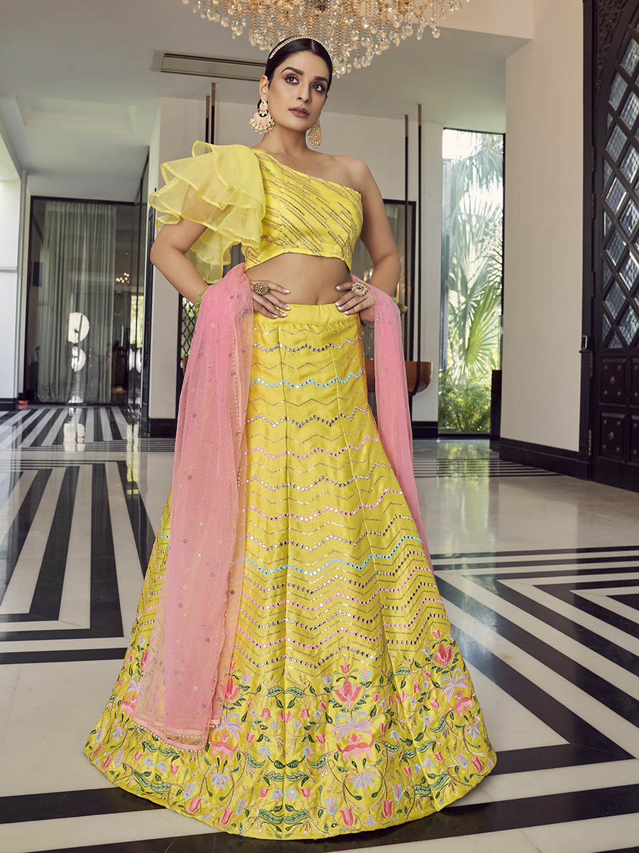 Myra Yellow Art Silk Mirror Work Designer Lehenga