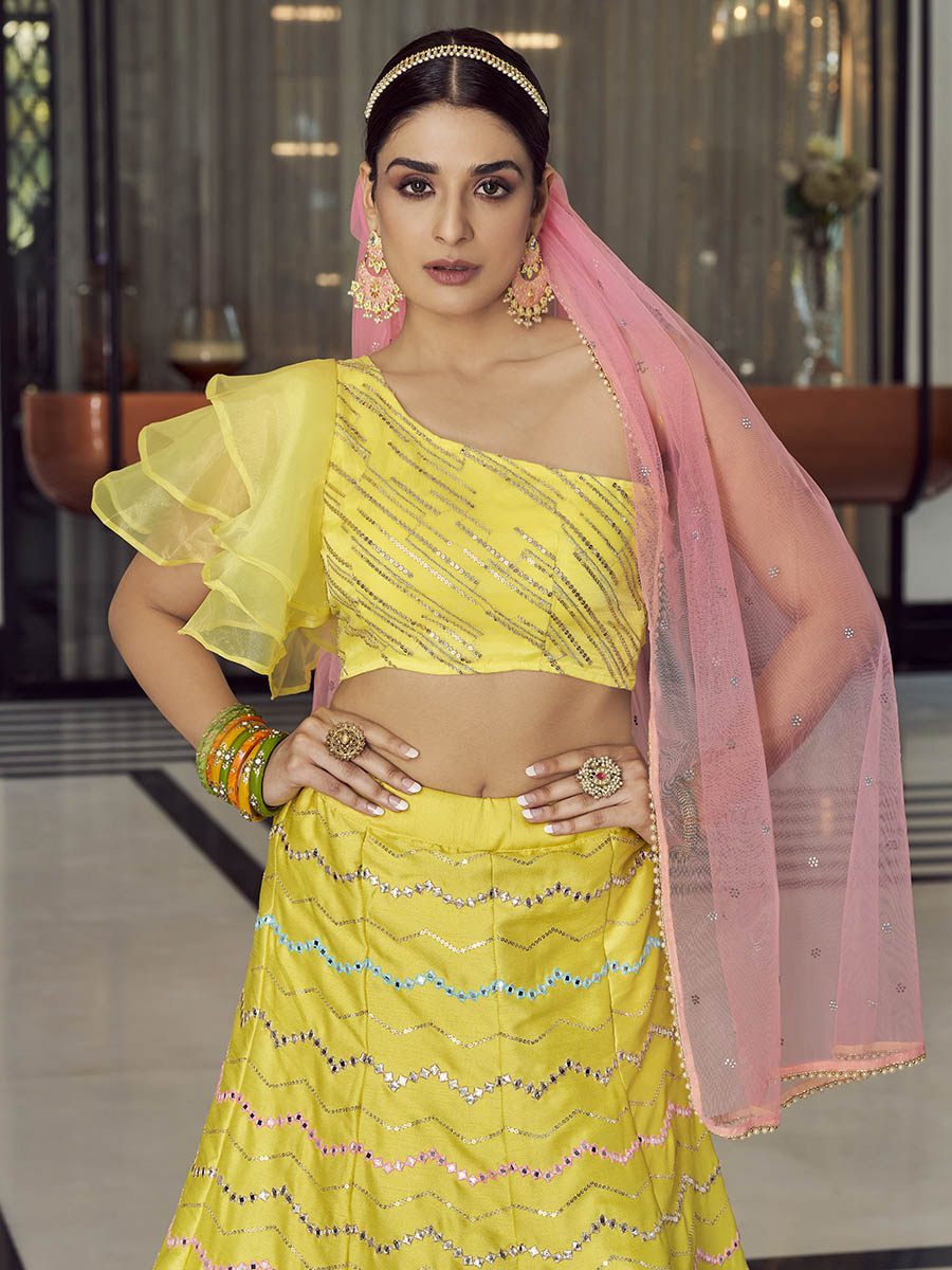 Myra Yellow Art Silk Mirror Work Designer Lehenga
