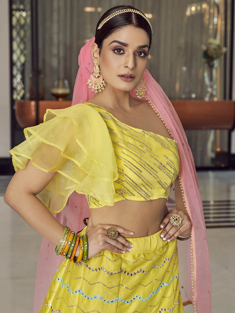 Myra Yellow Art Silk Mirror Work Designer Lehenga