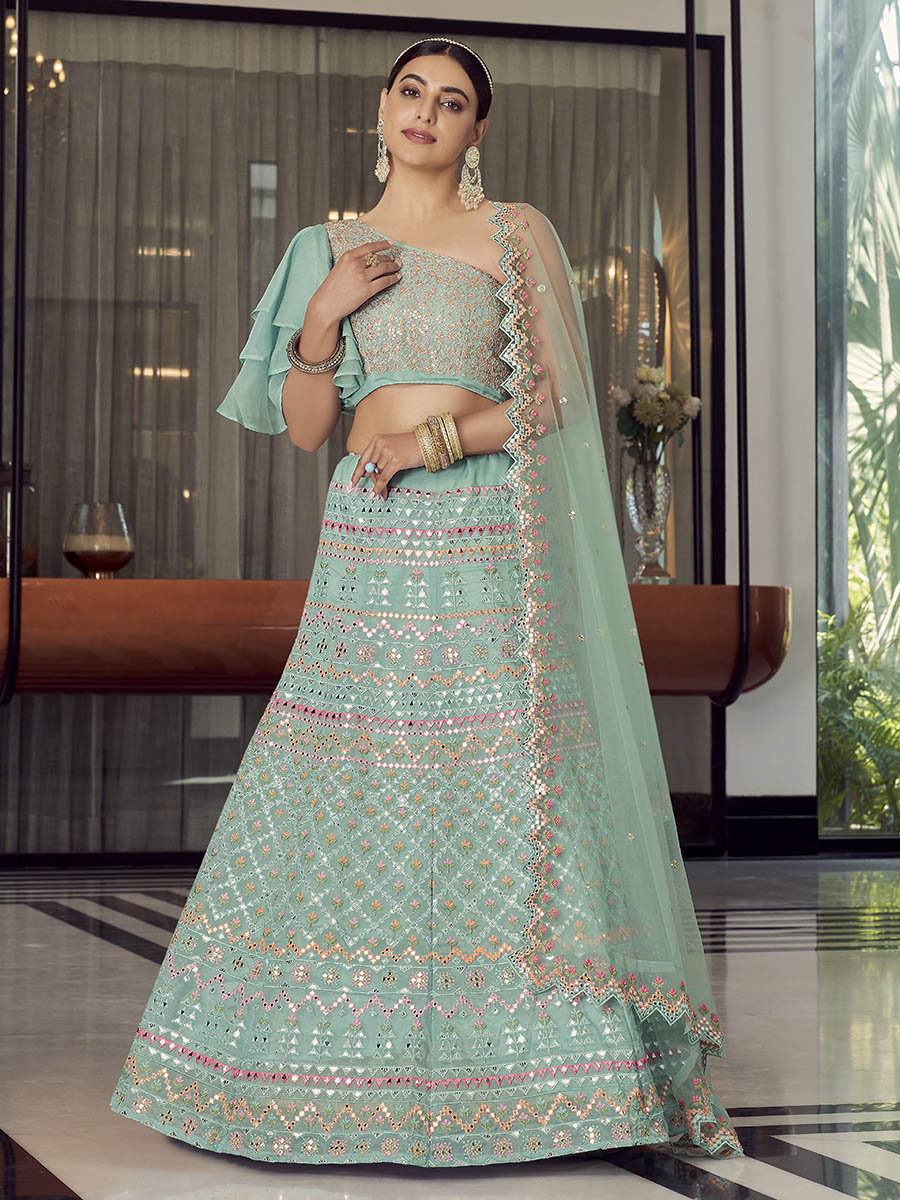 Myra Turquoise Organza Floral Print Embroidered Designer Lehenga